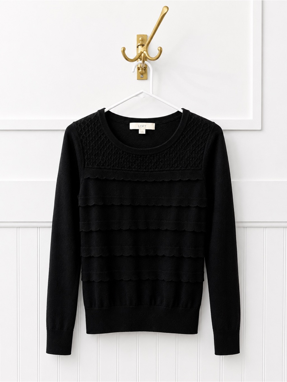 LOFT Black Scalloped-Tier Crewneck Sweater